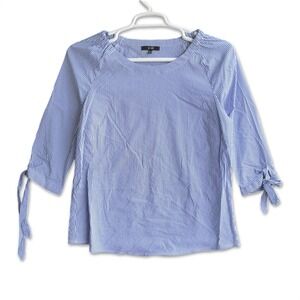 Yest Striped Blouse Women Size 10 Blue White 3/4 Tie Sleeve Crew Neck Top